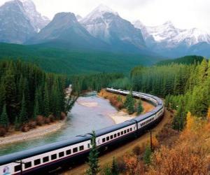 puzzel Trein passagiers in een bergachtig landschap