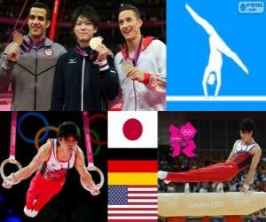 puzzel Turnen-Mannen artistieke individuele meerkamp podium, Kohei Uchimura (Japan), Marcel Nguyen (Duitsland) en Danell Leyva (Verenigde Staten) - Londen 2012-