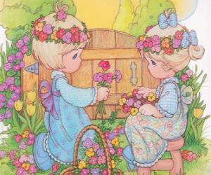 puzzel Twee meisjes verzamelen bloemen. Precious Moments