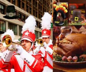 puzzel Viering van Dankzeggingsdag met de traditionele kalkoen en Pelgrims typische hoed. U. S. hield de vierde donderdag in november