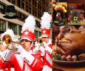 puzzel Viering van Dankzeggingsdag met de traditionele kalkoen en Pelgrims typische hoed. U. S. hield de vierde donderdag in november
