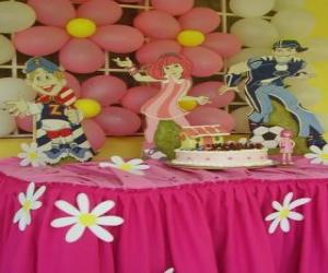 puzzel Viering van de verjaardagstaart met kaarsen, geschenken en ballonnen