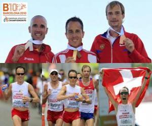 puzzel Viktor Röthlin Marathon kampioen Jose Manuel Martinez en Dmitri Safronov (2e en 3e) van het Europees Kampioenschap Atletiek 2010 in Barcelona