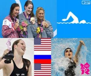puzzel Vrouwen 200 m rugslag podium, Missy Franklin (Verenigde Staten), zwemmen Anastasia Zoejeva (Rusland) en Elizabeth Beisel (Verenigde Staten) - Londen 2012-
