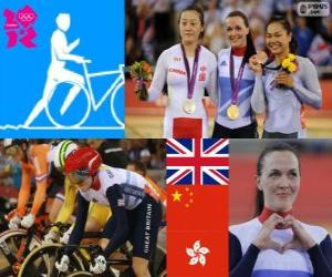 puzzel Vrouwen, Keirin track fietsen podium, Victoria Pendleton (Verenigd Koninkrijk), Guo Shuang (China) en Lee Wai-Sze (Hong Kong) - Londen 2012-