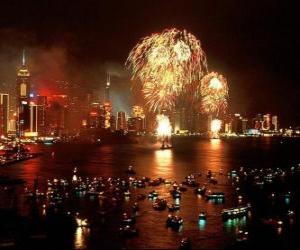 puzzel Vuurwerk in de viering van Nieuwjaar in Hong Kong