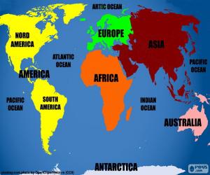 puzzel Wereldkaart met continenten en oceanen