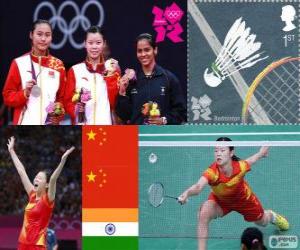 puzzel Women's singles Badminton podium, Li Xuerui (China), Wang Yihan (China) en Saina Nehwal (India) - Londen 2012-