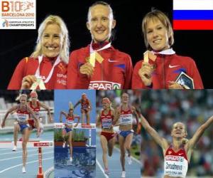 puzzel Yulia Zarudneva 3000 m steeplechase kampioen Marta Dominguez en Liubov Jarlamova (2e en 3e) van het Europees Kampioenschap Atletiek 2010 in Barcelona