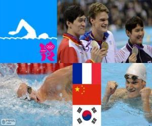 puzzel Zwemmen, mannen 200 meter vrije stijl podium, Yannick Agnel (Frankrijk), Sun Yang (China) en Park Tae-Hwan (Zuid Korea) - Londen 2012-