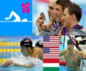 puzzel Zwemmen, mannen 200 meter individueel wisselslag, Michael Phelps, Ryan Lochte (Verenigde Staten) en László Cseh (Hongarije) - Londen 2012-