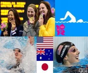 puzzel Zwemmen vrouwen 100 meter rugslag podium, Missy Franklin (Verenigde Staten), Emily Seebohm (Australië) en Aya Terakawa (Japan) - Londen 2012-