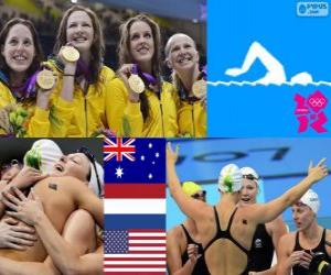puzzel Zwemmen, vrouwen 4 x 100 meter vrije stijl estafette, Australië, Verenigde Staten en Nederland - Londen 2012 - podium